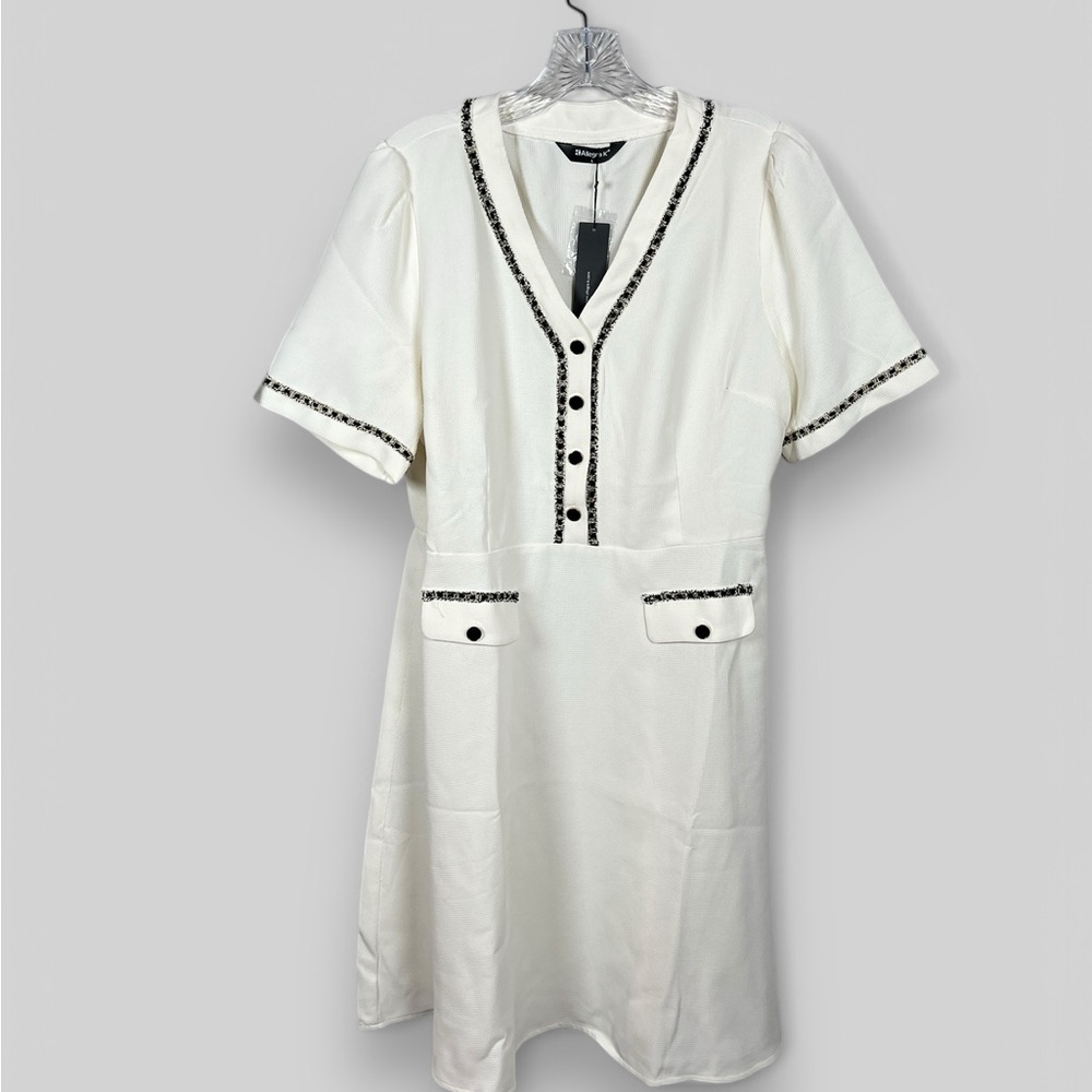 White Short Sleeve Dress with Black & Gold Trim